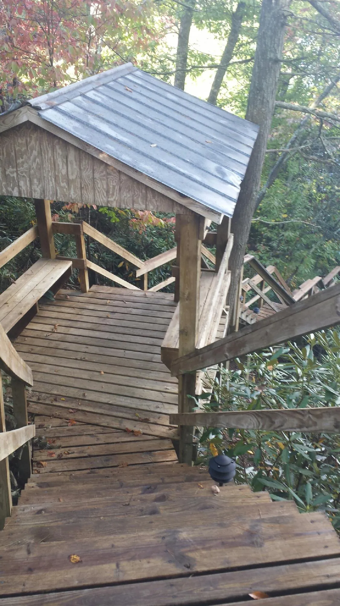Metal roofed shelter over wooden steps on a wooded walkway — Skylight Repair & Installation work by our crew in Maquon